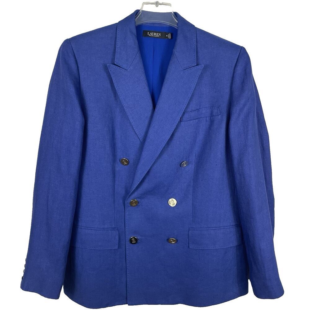 Lauren Ralph Lauren 100% Linen Blazer Size 16 Blue Double Breasted Career Preppy